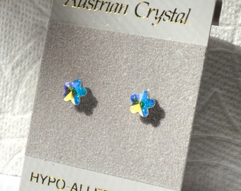 Silver Blue Crystal Stud Hypoallergenic Earrings, 6mm Flower Shape Austrian Crystal Stud, Crystal Flower AB Color