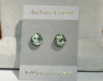 Green Crystal Stud  Hypoallergenic Earrings, 8mm Round Faceted Austrian Crystal Earrings, Chrysolite Green Crystal Color