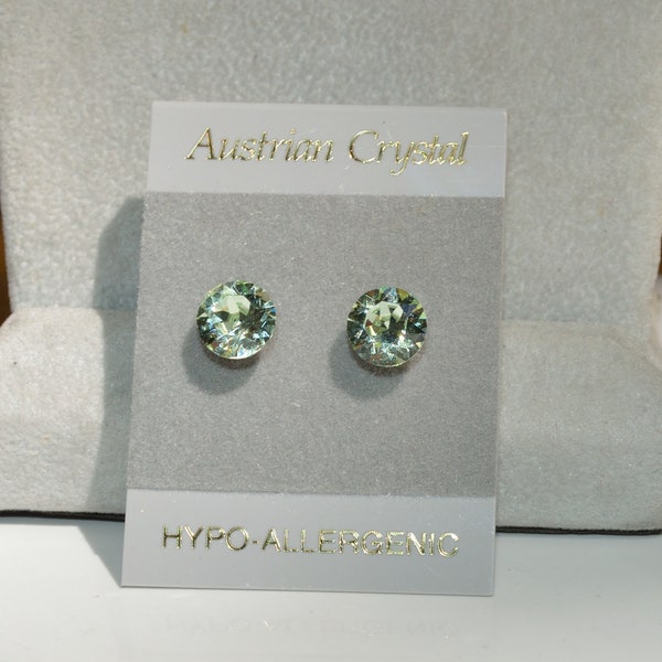 Green Crystal Stud  Hypoallergenic Earrings, 8mm Round Faceted Austrian Crystal Earrings, Chrysolite Green Crystal Color