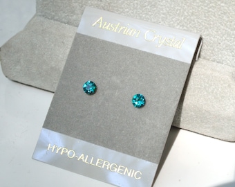 Blue Crystal Stud  Hypoallergenic Earrings, 3+mm Faceted Round Austrian Crystal Stud Earrings, Blue Zircon Crystal Color