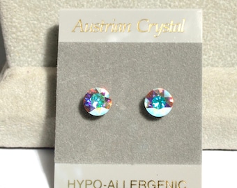 Clear Crystal Iridescent Stud Earrings: 7mm Crystals, Hypoallergenic, Color - Crystal Aurora Borealis