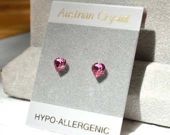Pink Heart Stud Earrings: 4mm Crystals, Hypoallergenic findings, Color Rose