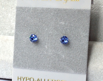 Blue Crystal Stud Hypoallergenic Earrings, 3+mm Faceted Round Chaton Cut Austrian Crystal Stud Earrings, Crystal Color Name  Sapphire