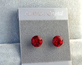 Red Crystal Stud Hypoallergenic Earrings, 8mm Faceted Chaton Cut Round Austrian Crystal Studs, Crystal Color Name: Lt. Siam