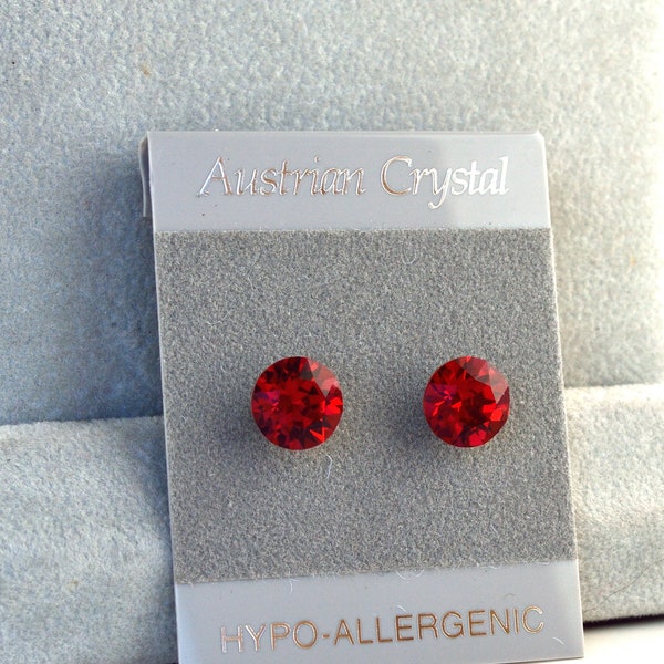 Red Crystal Stud Hypoallergenic Earrings, 8mm Faceted Chaton Cut Round Austrian Crystal Studs, Crystal Color Name: Lt. Siam