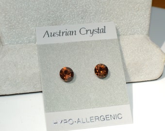 Brown Crystal Stud  Hypoallergenic Earrings, 7mm Round Faceted Austrian Crystal Earrings, Smoky Topaz Crystal Color