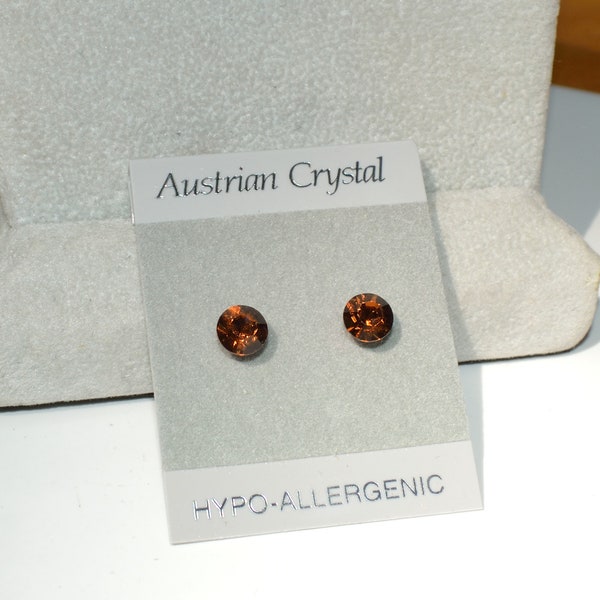 Brown Crystal Stud  Hypoallergenic Earrings, 7mm Round Faceted Austrian Crystal Earrings, Smoky Topaz Crystal Color