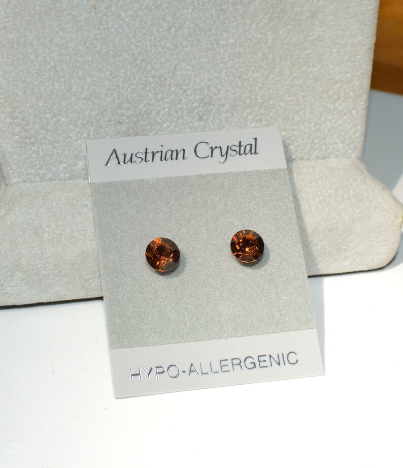 Brown Crystal Stud Hypoallergenic Earrings, 7mm Round Faceted Austrian Crystal Earrings, Smoky Topaz Crystal Color image 1