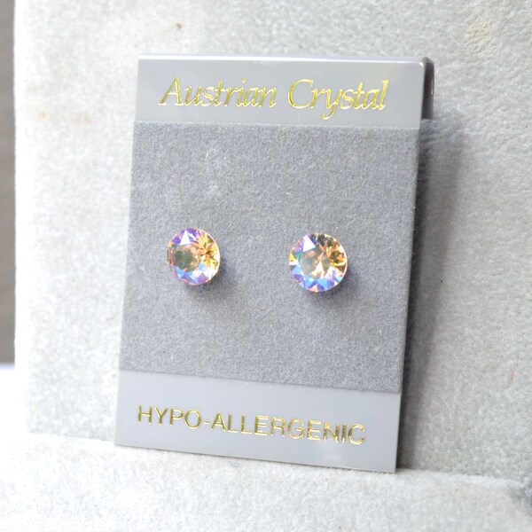 White Golden Round Hypoallergenic Stud Earrings, 7mm Round Faceted Austrian Crystal Earrings, Silk Shimmer Crystal Color