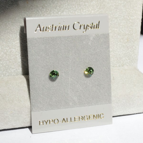 Green Crystal Stud Hypoallergenic Earrings, 3+mm Round Faceted Austrian Crystal Earrings, Peridot Green Crystal Color