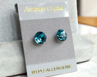 Blue Crystal Stud  Hypoallergenic Earrings, 8mm Faceted Round Austrian Crystal Studs, Color Name: Indicolite Blue