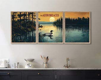 Adirondack Mountains Travel Poster, Loon Print, Scenic New York State Travel Art, Vintage Landscape Art, Lake House Set of 3 (#p3-vp1474)