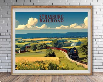 Póster de tren vintage, ferrocarril de Strasburg, territorio Amish, Pensilvania, arte mural de locomotoras, decoración de viajes en tren (#st1h-vp1591)
