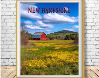 May include: Framed print featuring a scenic view of New Hampshire. The image showcases a red barn in a field of yellow flowers under a blue sky with fluffy white clouds. The text "NEW HAMPSHIRE" is displayed at the top.