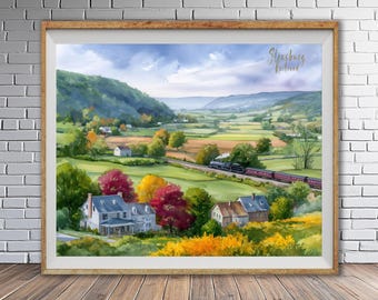 Póster de tren vintage, ferrocarril de Strasburg, territorio Amish, Pensilvania, póster de viaje, decoración de locomotoras, pintura en acuarela (#st1h-vp1587)