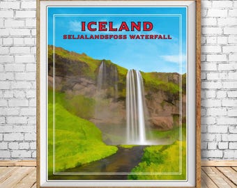 Iceland Poster, Waterfall Print, Seljalendsfoss Waterfall, Iceland Print, Vintage Travel Poster (#st1v-vp0058)