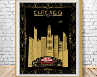 Chicago Cubs Poster, Chicago Skyline Skyline Print, Art Deco Poster, Wrigley Field Vintage Architecture st1 #vp172