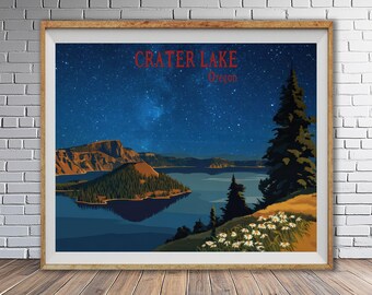 Crater Lake Poster, Oregon Travel Poster, Night Stars Milky Way, National Park Poster, Pacific Northwest Decor, Fine Art (#st1h-vp1644)