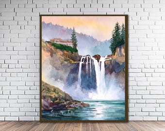 Snoqualmie Falls and Salish Lodge Art Print - Watercolor Travel Poster (#st1v-vp2159)