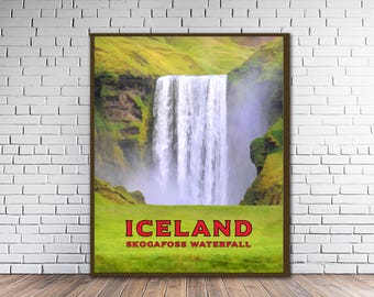 Seljalandsfoss Waterfall Iceland Travel Poster Vintage Fine Art Print (#st1v-vp0061)