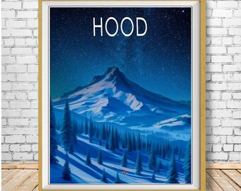 Mt Hood Poster, Portland Oregon Print, Oregon Decor, Portland Art, Milky Way Photo Vintage Travel Poster (#st1v-vp0421)