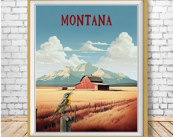 Montana Poster, Meadowlark Print, State Bird, Montana Landscape, Meadowlark Bird, Art for Birders, Birding st1 #vp519