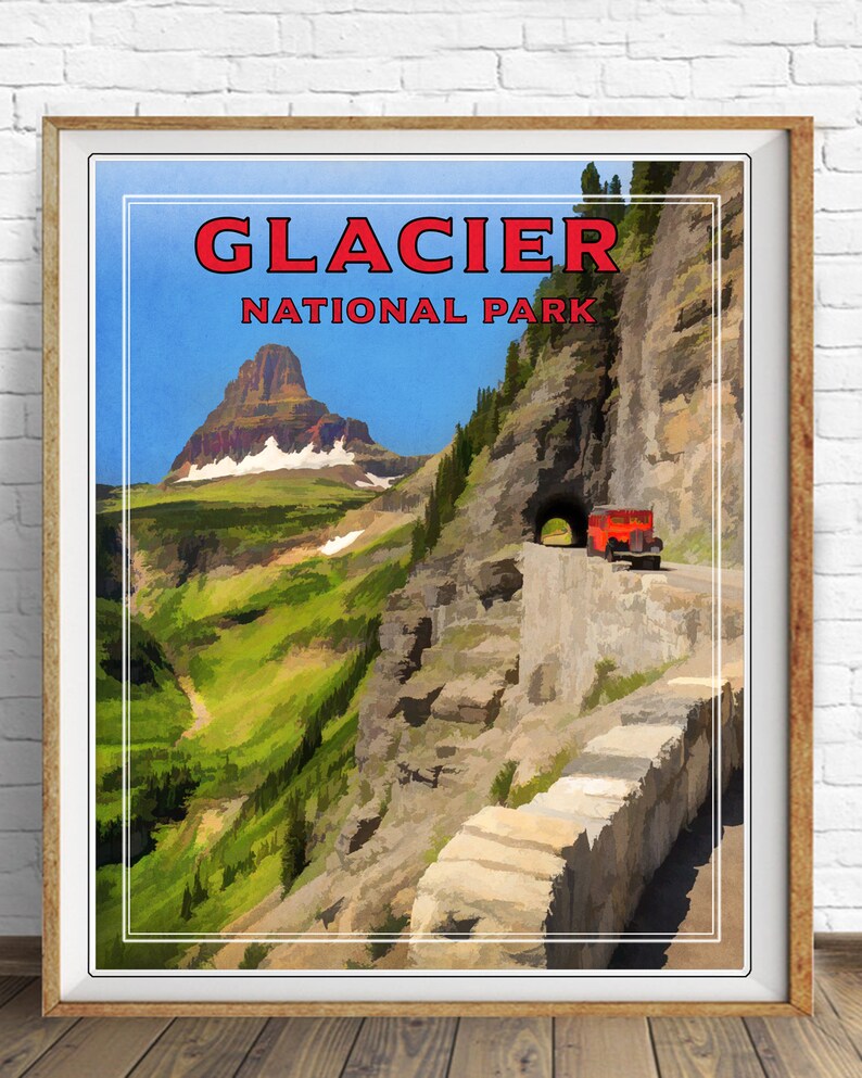 Glacier National Park Poster Wall Art Home Decor #vp42 Montana Print Glacier Red Bus Print Logan Pass
