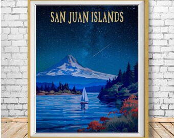 San Juan Islands Print, Mount Adams Print, Sailboat Poster, Washington State Poster, Seattle Art, Wall Art st1 #vp478