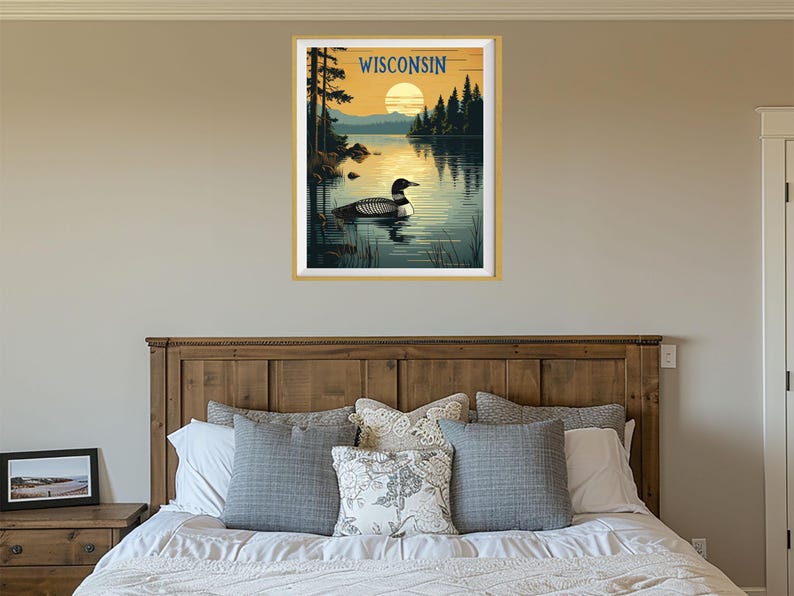 Wisconsin Poster, Loon Print, Lake House Print, Madison Milwaukee Wisconsin Decor, Wisconsin Landscape, State Bird Print (#st1v-vp0901) image 4