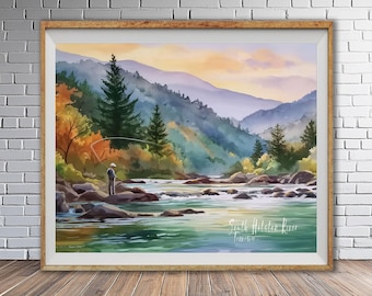 Fly Fishing, South Holston River, Tennessee Decor - Fine Art Watercolor Poster (#st1h-vp2211)