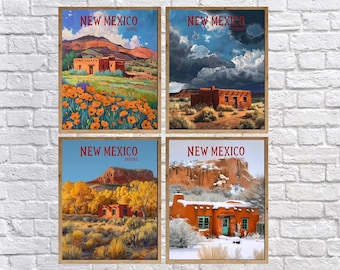 Southwestern Art Prints Set, New Mexico Four Seasons (Santa Fe Style) (#st4-vp0728)