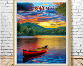Adirondacks Poster, Canoe Print, Upper State New York Poster, Adirondack Mountains Art, Lake House Decor, Mountains Poster (#st1v-vp0782)