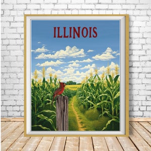 Póster de Illinois, Impresión de Cardenal, Ave Estatal, Impresión de Paisaje de Illinois, Pájaro Cardenal, Arte para Observadores de Aves, st1 #vp496