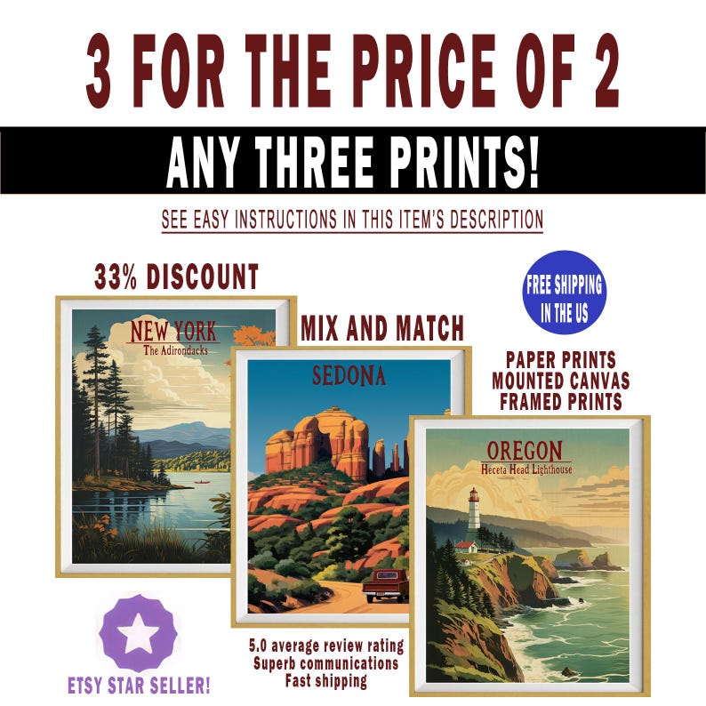 The image is an advertisement for a 3-for-the-price of 2 offer on three different prints, including New York, Mix and Match, and Sedona, as well as a free shipping offer for framed prints in the US.