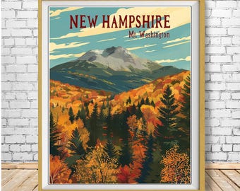 Mount Washington Poster, New Hampshire, Mt Washington Print, Vintage Travel Poster New England Decor, Autumn Color Mountain (#st1v-vp0580)