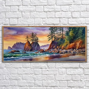 Panoramic Rialto Beach Travel Poster Olympic National Park Washington Coast Wall Art, Pacific Northwest Landscape Print Decor (#p1-vp1505)
