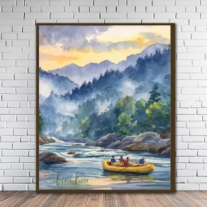 May include: Watercolor painting of a river scene with a yellow raft carrying people. The background features blue mountains, green trees, and a cloudy sky. The words "Ocoee River" are written at the bottom.