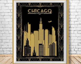 Chicago Cityscape Poster: Vintage Art Deco Style - Gold & Black (#str1-vp0169)