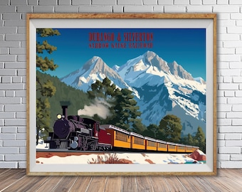Ferrocarril de vía estrecha, póster de tren vintage de Durango Silverton, decoración de Colorado, arte mural Telluride Ouray, locomotora de invierno (#st1h-vp1593)