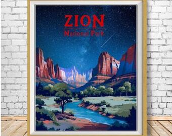 Zion Poster, National Park Poster, Zion National Park Print, Utah Poster, Desert Art, Night Milky Way (#st1v-vp0449)