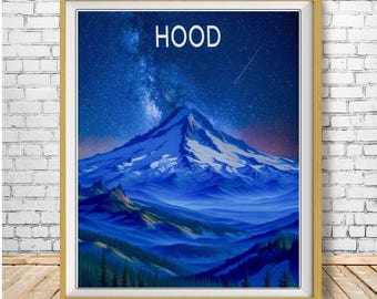 Mt Hood Poster, Portland Oregon Print, Oregon Decor, Portland Art, Milky Way Photo Vintage Travel Poster (#st1v-vp0419)