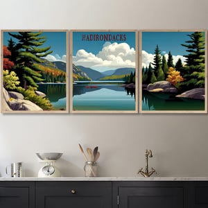 Adirondack Mountains Travel Poster Canoe Print, Scenic New York State Travel Art, Vintage Landscape Art, Lake House Set of 3 pano3 #vp1331