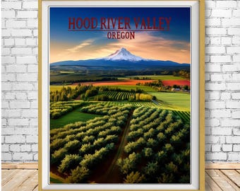 Hood River Valley Print, Mount Hood Poster, Oregon Poster, Portland Art Mt Hood Print Pacific Northwest Decor Travel Poster (#st1v-vp0709)