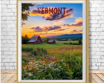 Vermont Poster, Green Mountains Print, Red Barn Decor, Rural Landscape Art, Vermont Print, Wildflower Print Calm Art (#st1v-vp0797)