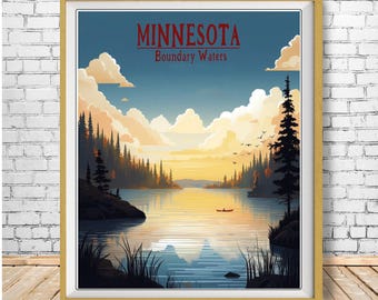 Affiche de voyage rétro sur le thème du canoë dans la nature sauvage et pittoresque des lacs du Minnesota (#st1v-vp0557)
