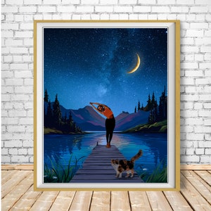 Yoga Poster, Tree Pose, Unique Yoga Print, Night, Milky Way, Yoga Outdoors, Cat, Calm, Peaceful, Nature st1 #vp472