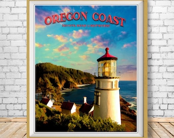 Oregon Coast Poster, Portland Oregon Print, Oregon Coast Print, Heceta Head Lighthouse Travel Poster st1 #vp320