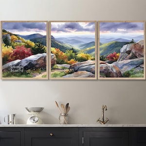 Puede incluir: Un tríptico de arte paisajístico enmarcado que presenta una vista de la montaña. La obra de arte representa una vista panorámica de colinas y montañas bajo un cielo nublado, con follaje colorido y grandes rocas en primer plano. El texto "Shenandoah National Park" es visible.