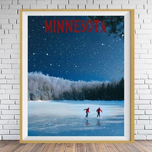 May include: Framed print featuring a winter scene in Minnesota. The image shows two people ice skating on a frozen lake under a starry night sky. The word "MINNESOTA" is displayed in red at the top.