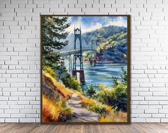 St Johns Bridge Print, Portland Decor, Oregon Print, Scenic Wall Art, Pacific Northwest Watercolor Fine Art Fine Art Print (#st1v-vp1743)